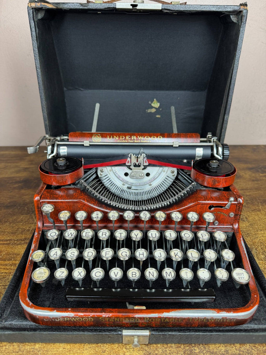 Serviced 1928 Underwood 4 Bank Red Woodgrain Typewriter New Platen Elite