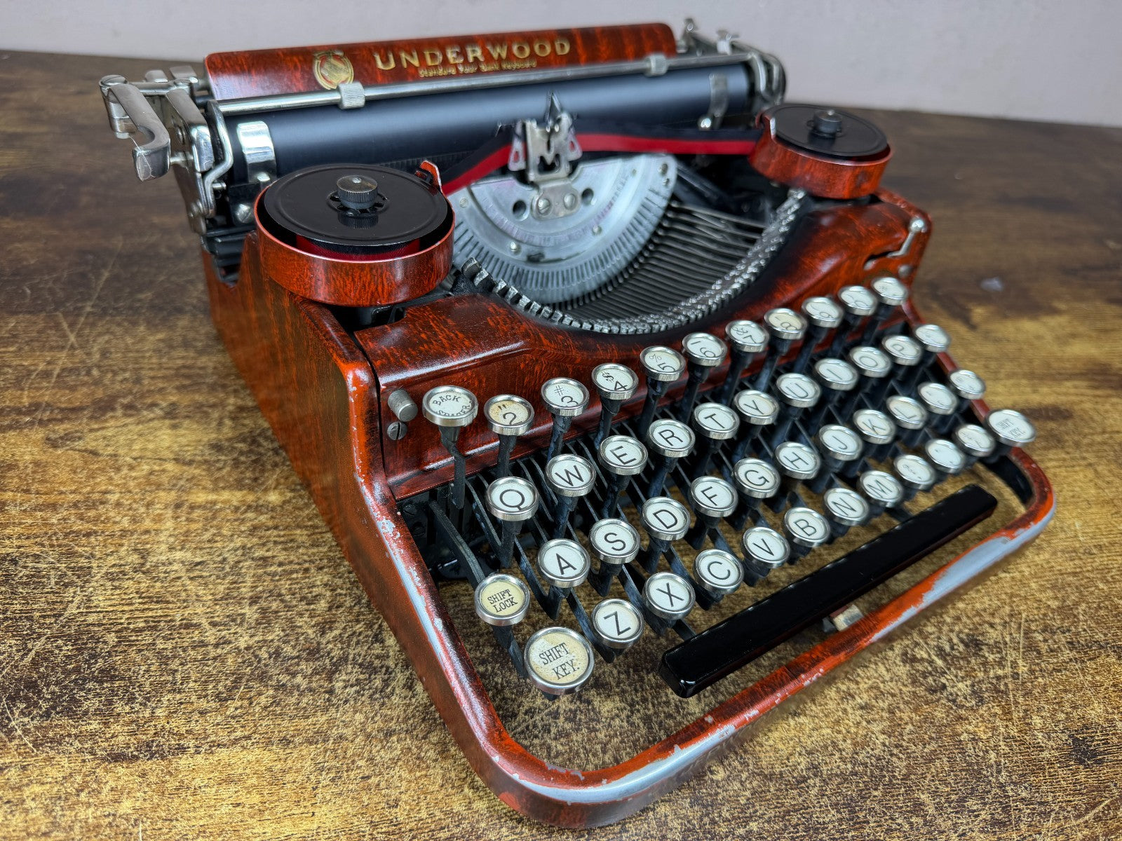 Serviced 1928 Underwood 4 Bank Red Woodgrain Typewriter New Platen Elite