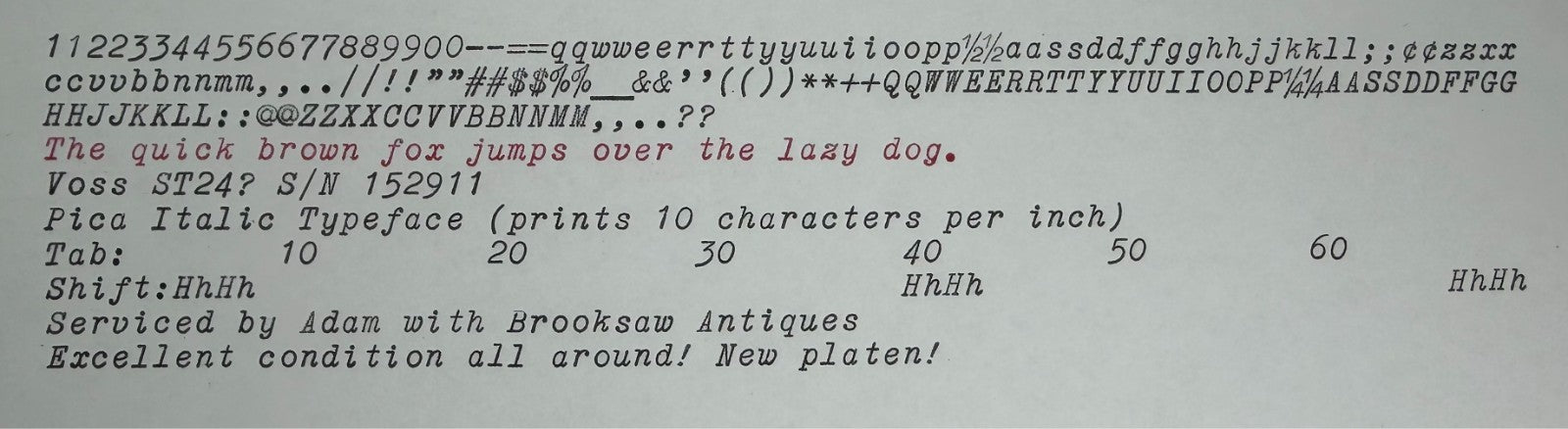 Excellent! Serviced 1958 Voss ST24 Typewriter w Italic Typeface & New Platen
