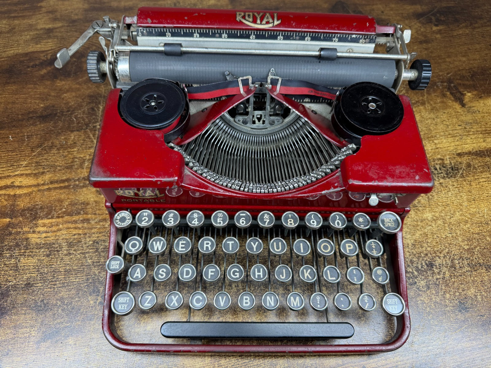 Nice! Serviced 1927 Royal P Model Glossy Red Antique Portable Typewriter