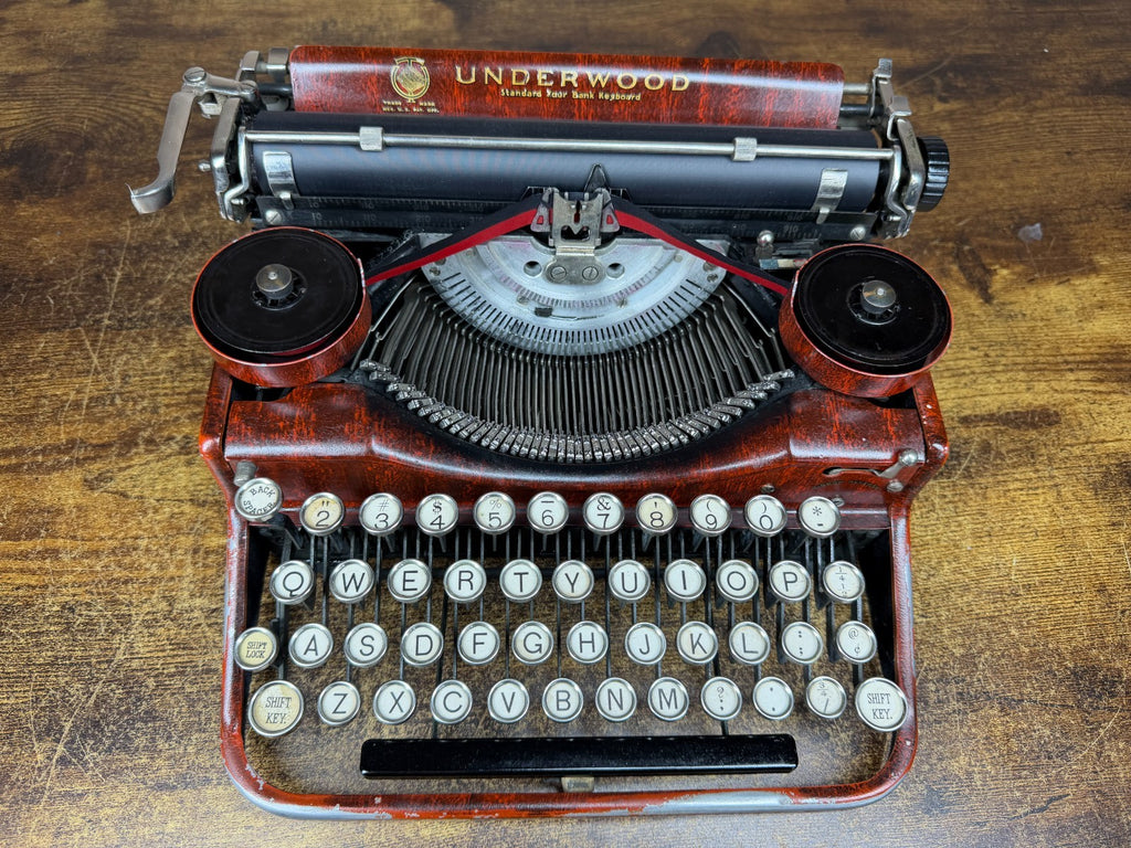 Serviced 1928 Underwood 4 Bank Red Woodgrain Typewriter New Platen Elite