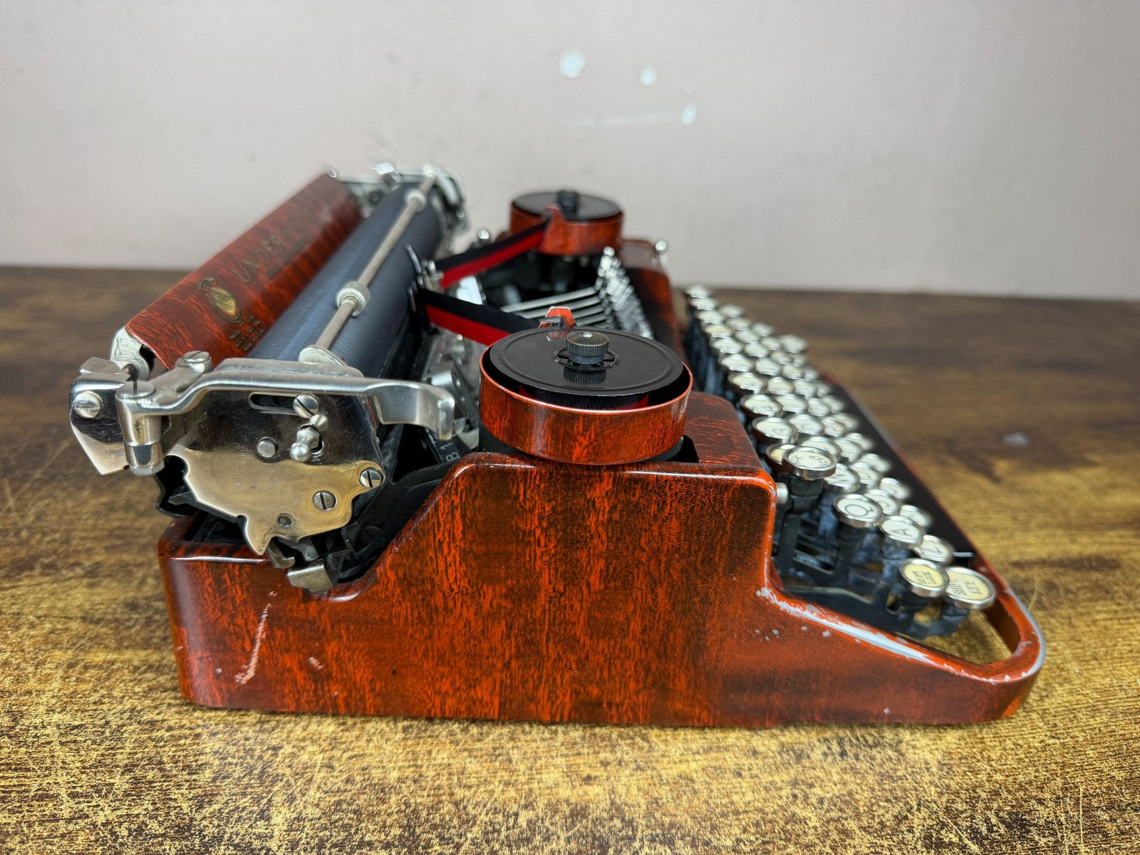 Serviced 1928 Underwood 4 Bank Red Woodgrain Typewriter New Platen Elite